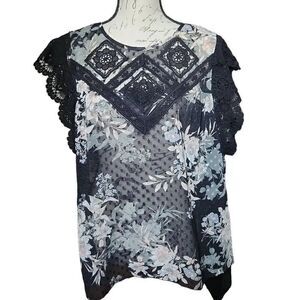 Daniel Rainn Ladies Size Large Black Floral Lace Swiss Dot Sheer Blouse w/ Tank
